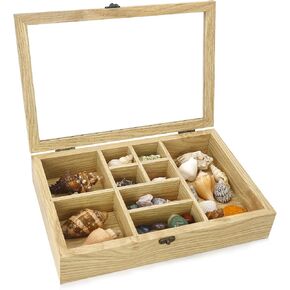 Shell Collection Display Case, Rock Display Case, Onyx Opal Stand Collection Box in 9 Different Sizes of Grids, Gem Holder with Real Glass Lid, Natural