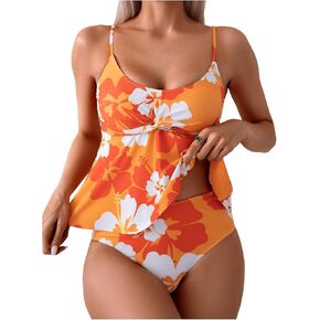 SOLY HUX Women's Tankini Swimsuits Floral Print Ruffle High Waisted Bathing Suits Summer Swimwear
