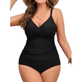 CUPSHE Women's Plus Size Tankini Sets V Neck Ruched Two Piece Swimsuits Adjustable Straps Mid Rise