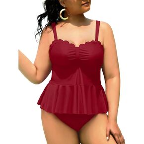 Yonique Women Plus Size 2 Piece Tankini Swimsuits Ruched Bathing Suits Peplum Swimwear Scalloped Swimsuits in Kuwait