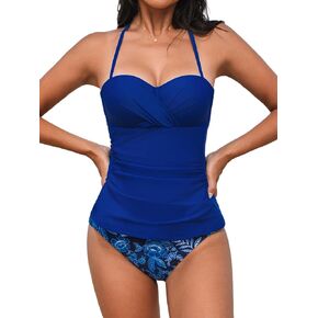 CUPSHE Women's Tankini Sets Two Piece Swimsuit Sweetheart Neck Halter Adjustable Straps Front Twisted Ruched