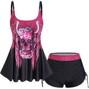 Rosegal Womens Plus Size Skull Rose Wing Print Cinched Boyshorts Tankini Swimsuit Set