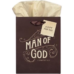 Christian Art Gifts Medium Portrait Gift Bag & Tissue Set for Men: Man of God Inspirational Scripture, Satin Handles, Brown & Gold