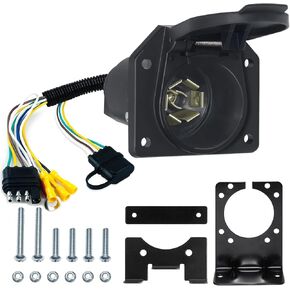 Multi-Plug 4 Pin Flat to 7 Pin RV Blade Adapter, Vehicle-Side 4 Way to Trailer-Side 7 Way with Mounting Bracket, for Truck, Camper