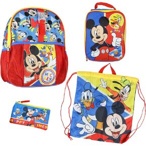 Mickey Mouse Backpack Toddler 14 "ومجموعة صندوق الغداء مجموعة 4 أجهزة كمبيوتر ، مجموعة حقيبة ظهر ميكي ، كيس الرباط ، مشبك إضاءة الأمان