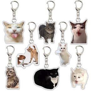 Ohjijinn 8Pcs Cat Keychain Cute Cat Meme Keychains Two Cats Talking Keyring Kawaii Charm Funny Keychain
