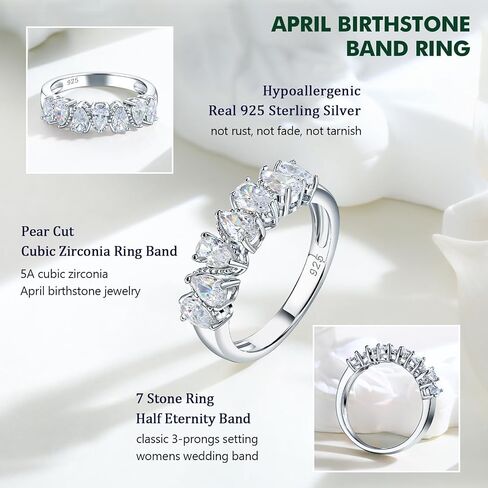 Pear Cut Half Eternity Band Rings for Women 7 Stone Engagement Ring 925 Sterling Silver Created Gemstone Ring Birthstone Rings Wedding Bands Size 6 to 10 in Saudi Arabia