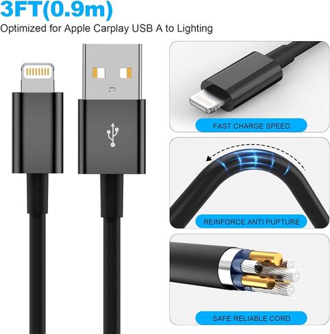 Car Apple Carplay Cable，USB A to Lightning Cable Compatible with iPhone 14 13 12 11 Pro Max XR XS X Charger Cord，Car Charging Cable in Saudi Arabia