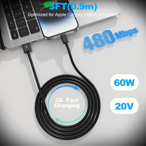 Car Apple Carplay Cable，USB A to Lightning Cable Compatible with iPhone 14 13 12 11 Pro Max XR XS X Charger Cord，Car Charging Cable in Saudi Arabia