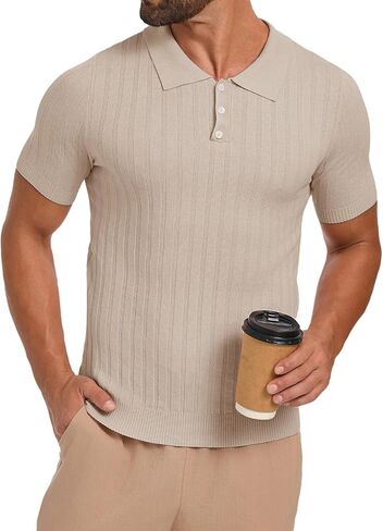 Les umes Mens Collared Shirts Short Sleeve Knitted Casual Polo Shirt V Neck Ribbed Soft Tees in Saudi Arabia
