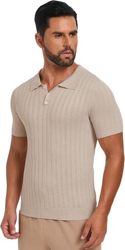 Les umes Mens Collared Shirts Short Sleeve Knitted Casual Polo Shirt V Neck Ribbed Soft Tees in Saudi Arabia