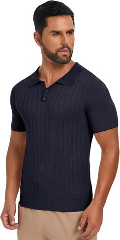 Les umes Mens Collared Shirts Short Sleeve Knitted Casual Polo Shirt V Neck Ribbed Soft Tees in Saudi Arabia