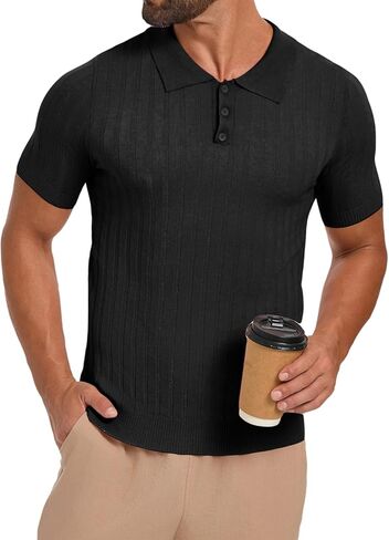 Les umes Mens Collared Shirts Short Sleeve Knitted Casual Polo Shirt V Neck Ribbed Soft Tees in Kuwait