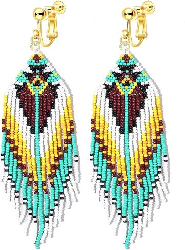Clip On Earrings, Bohemian Large Long Tassel Beaded Dangle Earrings, Non Piercing, Native Handmade Boho Statement Big Fringe for Women in Kuwait