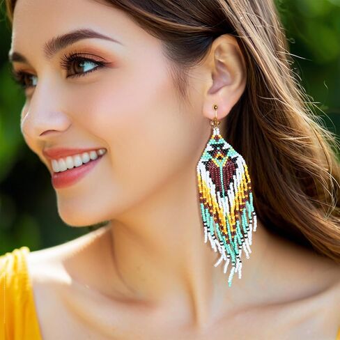 Clip On Earrings, Bohemian Large Long Tassel Beaded Dangle Earrings, Non Piercing, Native Handmade Boho Statement Big Fringe for Women in Kuwait