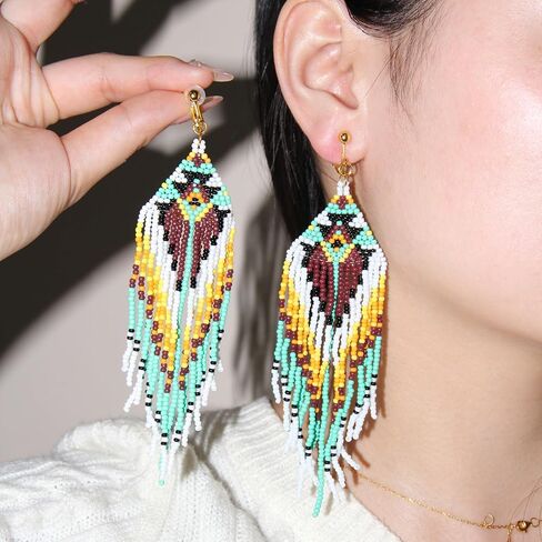 Clip On Earrings, Bohemian Large Long Tassel Beaded Dangle Earrings, Non Piercing, Native Handmade Boho Statement Big Fringe for Women in Kuwait
