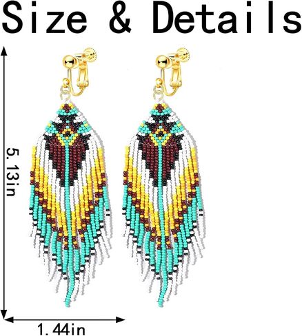Clip On Earrings, Bohemian Large Long Tassel Beaded Dangle Earrings, Non Piercing, Native Handmade Boho Statement Big Fringe for Women in Kuwait