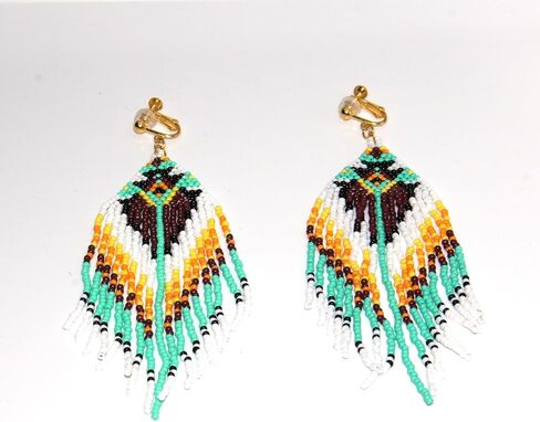 Clip On Earrings, Bohemian Large Long Tassel Beaded Dangle Earrings, Non Piercing, Native Handmade Boho Statement Big Fringe for Women in Kuwait