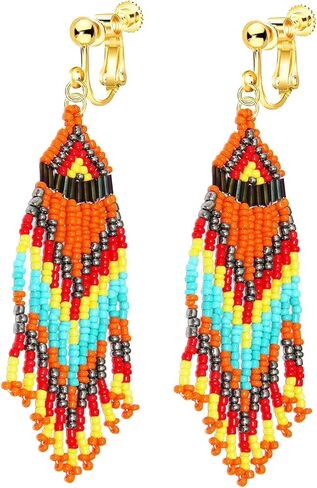 Clip On Earrings, Bohemian Large Long Tassel Beaded Dangle Earrings, Non Piercing, Native Handmade Boho Statement Big Fringe for Women in Kuwait