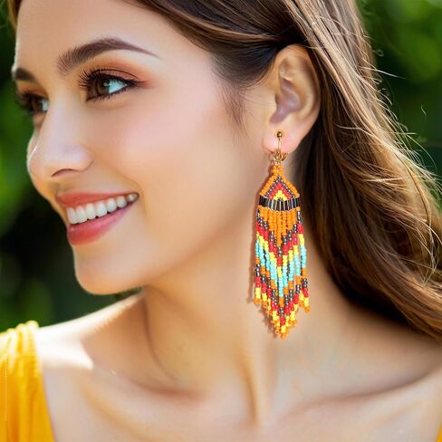 Clip On Earrings, Bohemian Large Long Tassel Beaded Dangle Earrings, Non Piercing, Native Handmade Boho Statement Big Fringe for Women in Kuwait