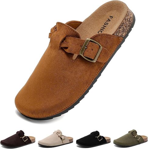 Suede Clogs for Women Men - Soft Cork Footbed Leather Mules with Arch Support, Adjustable Buckle Comfort Potato Shoes, Sandal Slippers in Saudi Arabia