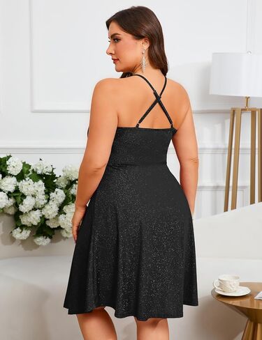 ZOMVA Plus Size 0X-4X Sparkly Glitter Sleeveless Aline Mini Dress Sparkle Wrap Spaghetti Strap Sexy Dress Cocktail Party Club in Saudi Arabia