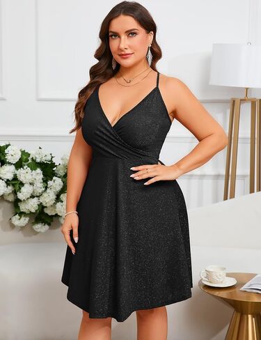 ZOMVA Plus Size 0X-4X Sparkly Glitter Sleeveless Aline Mini Dress Sparkle Wrap Spaghetti Strap Sexy Dress Cocktail Party Club in Saudi Arabia