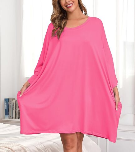 زائد حجم ثوب النوم للنساء فستان قمصان النوم الضخمة مع جيوب قصيرة الأكمام بيجامات FIT S-5XL in Kuwait