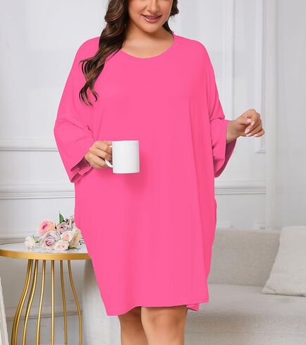 زائد حجم ثوب النوم للنساء فستان قمصان النوم الضخمة مع جيوب قصيرة الأكمام بيجامات FIT S-5XL in Kuwait