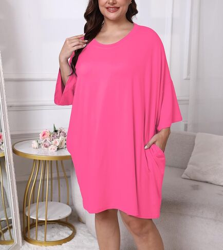 زائد حجم ثوب النوم للنساء فستان قمصان النوم الضخمة مع جيوب قصيرة الأكمام بيجامات FIT S-5XL in Kuwait