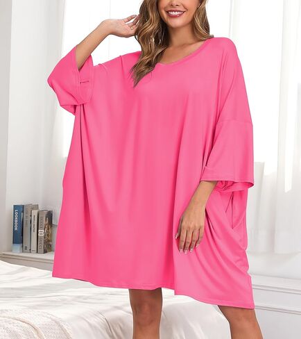 زائد حجم ثوب النوم للنساء فستان قمصان النوم الضخمة مع جيوب قصيرة الأكمام بيجامات FIT S-5XL in Kuwait