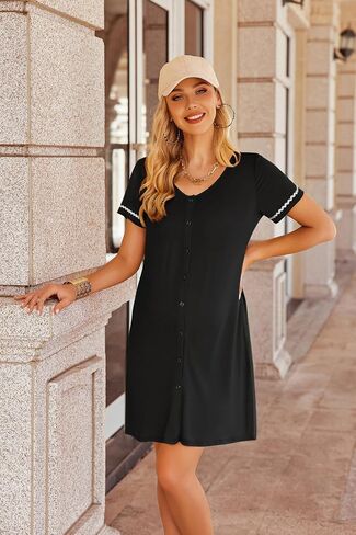 Ekouaer Lightgowns for Women Button Down Sleep Shirt Shirt Sleeve Night Shirt Soft Pajama Dress V V Deck Sleep With with Mobilets in Kuwait