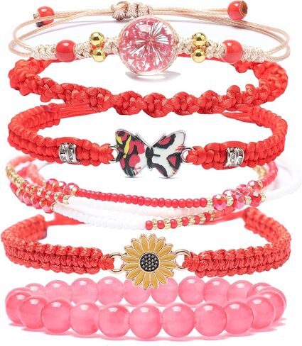 DS 6PCS String Beads Beads Charm Bracelets for Teen Girls Handmade Roed Rope Butterfly Daisies Boher Boho Surfer Surfer for Women Friendly Friendy Girtly Mift Friends Friends Friends in Kuwait