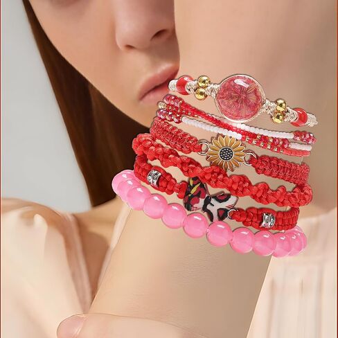 DS 6PCS String Beads Beads Charm Bracelets for Teen Girls Handmade Roed Rope Butterfly Daisies Boher Boho Surfer Surfer for Women Friendly Friendy Girtly Mift Friends Friends Friends in Kuwait