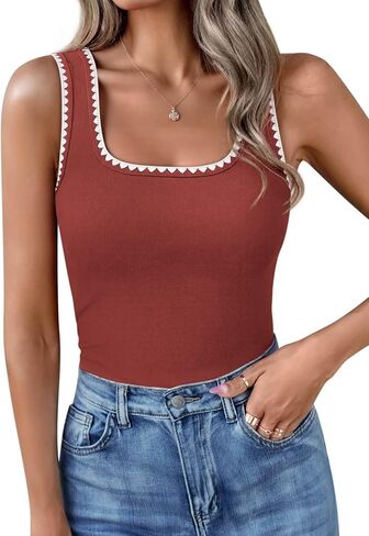Yousify Women’s Square Neck Tank Tops 2025 Summer Sleeveless Shirts Casual Slim Fitted Color Block Ribbed Tanks in Kuwait