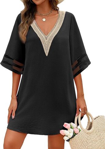AI'MAGE Women's Swimsuit Cover Up 3/4 Bell Sleeve Loose Beachwear Deep V-Neck Bikini T-Shirt Beach Dress S-XXL in Saudi Arabia
