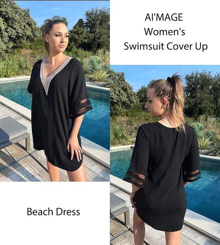 AI'MAGE Women's Swimsuit Cover Up 3/4 Bell Sleeve Loose Beachwear Deep V-Neck Bikini T-Shirt Beach Dress S-XXL in Saudi Arabia