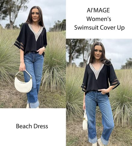 AI'MAGE Women's Swimsuit Cover Up 3/4 Bell Sleeve Loose Beachwear Deep V-Neck Bikini T-Shirt Beach Dress S-XXL in Saudi Arabia