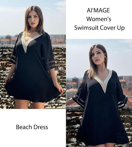 AI'MAGE Women's Swimsuit Cover Up 3/4 Bell Sleeve Loose Beachwear Deep V-Neck Bikini T-Shirt Beach Dress S-XXL in Saudi Arabia