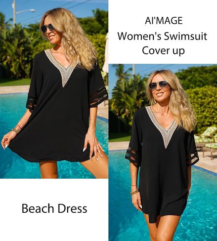 AI'MAGE Women's Swimsuit Cover Up 3/4 Bell Sleeve Loose Beachwear Deep V-Neck Bikini T-Shirt Beach Dress S-XXL in Saudi Arabia