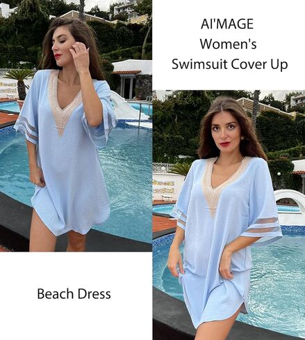 AI'MAGE Women's Swimsuit Cover Up 3/4 Bell Sleeve Loose Beachwear Deep V-Neck Bikini T-Shirt Beach Dress S-XXL in Kuwait