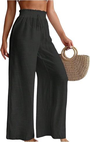 Milumia Women's Summer Linen Bathing Suit Cover Up Swim Beach Pants Sheer Wide Leg Swimsuit Coverup Pants in Kuwait