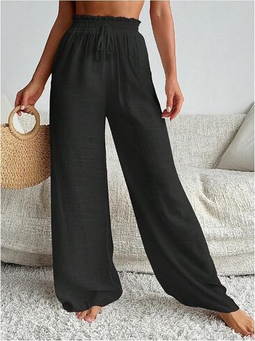 Milumia Women's Summer Linen Bathing Suit Cover Up Swim Beach Pants Sheer Wide Leg Swimsuit Coverup Pants in Kuwait