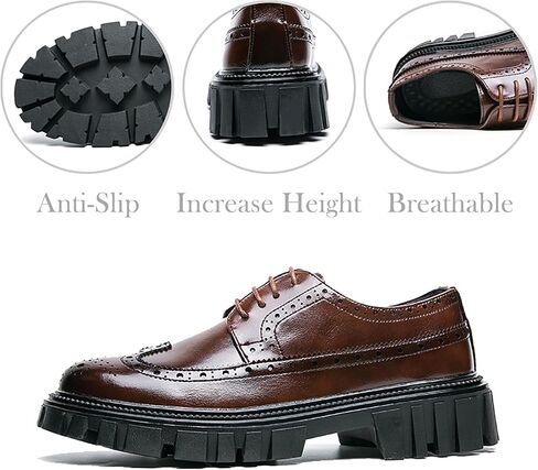 Men's Leather Oxford Dress Shoes - Platform Wingtip Oxfords - Comfortable Business Formal Slip-Resistant Work Derby Shoes in Saudi Arabia