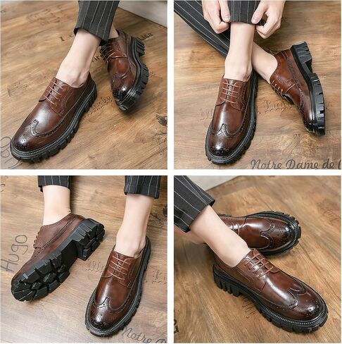 Men's Leather Oxford Dress Shoes - Platform Wingtip Oxfords - Comfortable Business Formal Slip-Resistant Work Derby Shoes in Saudi Arabia