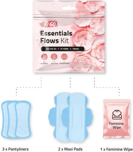 ميزة الأس الهيدروجيني مجموعة فترة التدفقات الأساسية - 3 pantyliners ، 2 منصات ماكسي ومسح أنثوي | أساسيات النظافة للمدرسة ، الفترة الأولى in Kuwait