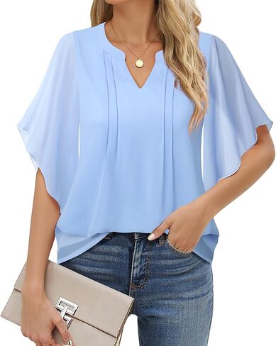 VALOLIA Womens Blouses Dressy Casual V Neck Chiffon Ruffle Short Sleeve Shirts Double Layers Tops in Saudi Arabia