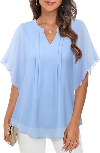 VALOLIA Womens Blouses Dressy Casual V Neck Chiffon Ruffle Short Sleeve Shirts Double Layers Tops in Saudi Arabia