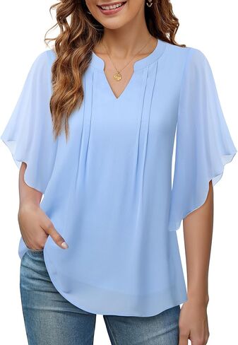 VALOLIA Womens Blouses Dressy Casual V Neck Chiffon Ruffle Short Sleeve Shirts Double Layers Tops in Saudi Arabia