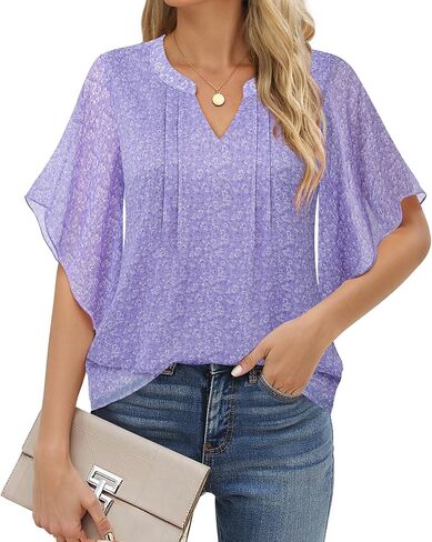 VALOLIA Womens Blouses Dressy Casual V Neck Chiffon Ruffle Short Sleeve Shirts Double Layers Tops in Saudi Arabia